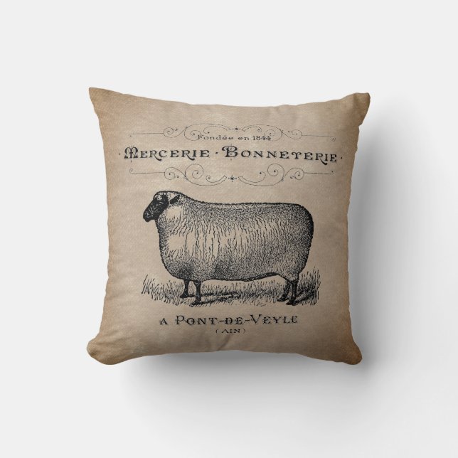 Rustic Vintage French Sheep Aged Muslin  Cushion (Front)