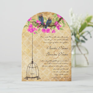 Rustic Vintage Fuchsia Love Bird Birdcage Wedding Invitation