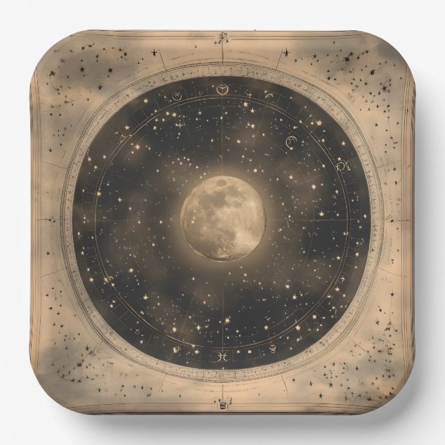 Rustic Vintage Full Moon Celestial Design Paper Plate (Front)
