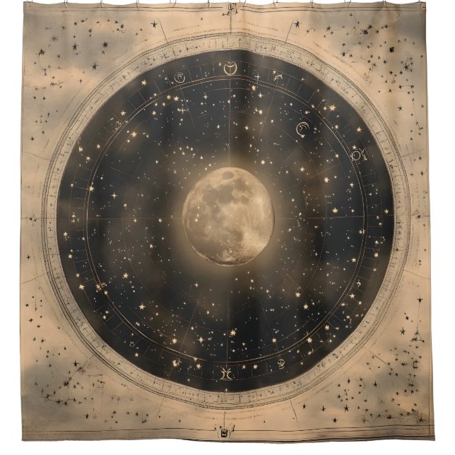 Rustic Vintage Full Moon Celestial Design Shower Curtain (Front)
