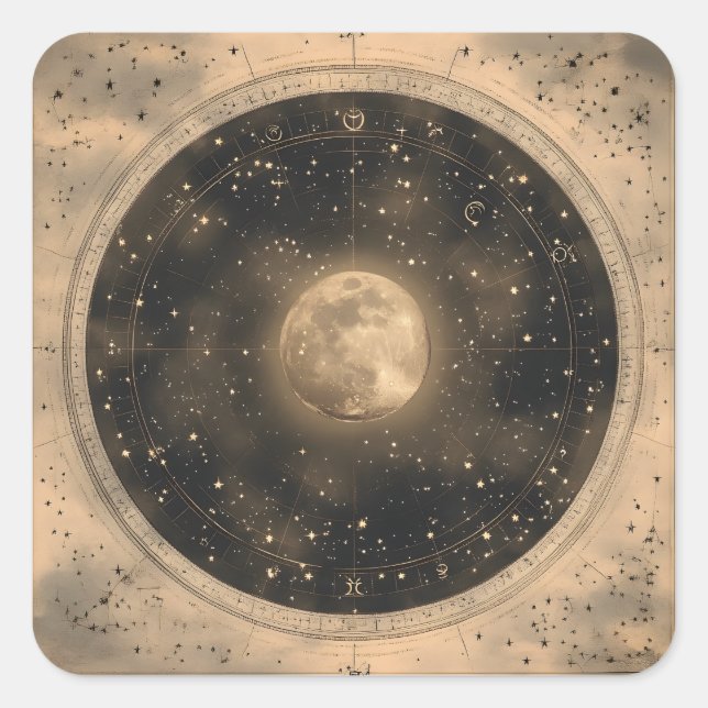 Rustic Vintage Full Moon Celestial Design Square Sticker (Front)