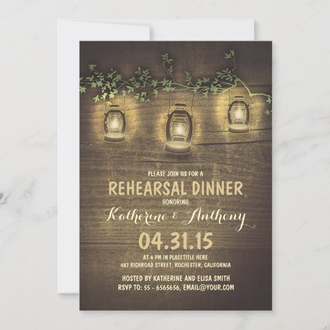 rustic vintage garden lights wood rehearsal dinner invitation (Front)