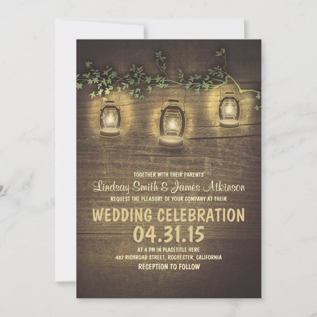 rustic vintage garden lights wood wedding invites (Front)