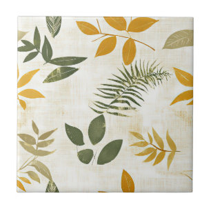 Rustic Vintage Gold and Green Leaves on Cream Tile