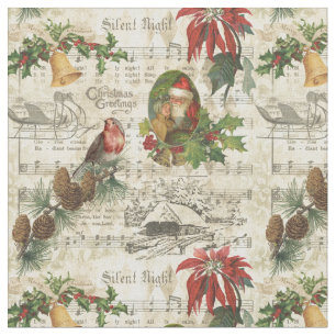 Rustic Vintage Gold Floral Christmas Ephemera Fabric