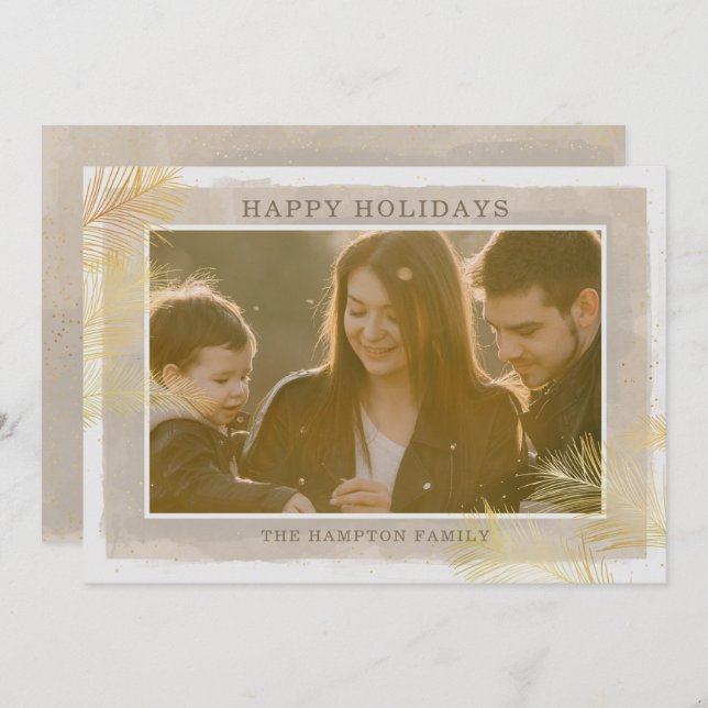 Rustic Vintage Gold Pine Branches Photo Holiday Card (Front/Back)