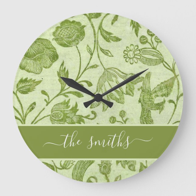 Rustic Vintage Green Floral Large Clock (Front)