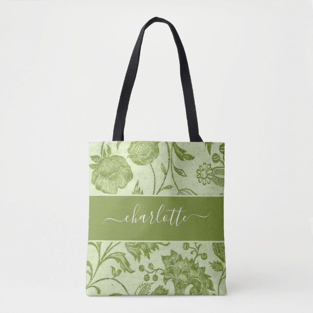 Rustic Vintage Green Floral Tote Bag (Front)