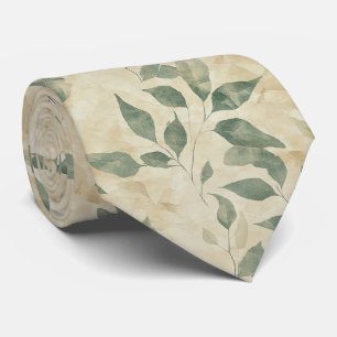Rustic Vintage Green Leaves on Cream Fall Tie