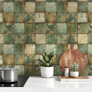 Rustic Vintage Green Tiles Wallpaper