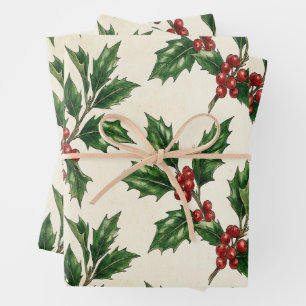 Rustic Vintage Holly and Berries Christmas Wrapping Paper Sheet