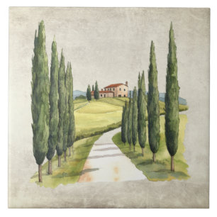 Rustic Vintage Italian Tuscany Scene Watercolor Tile