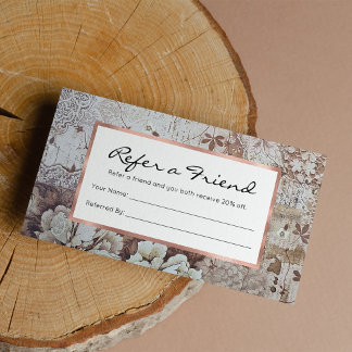 Rustic vintage ivory brown lace floral typography referral card