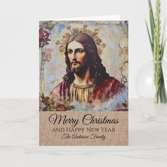 Rustic Vintage Jesus Merry Christmas Family Name  Card (Front)