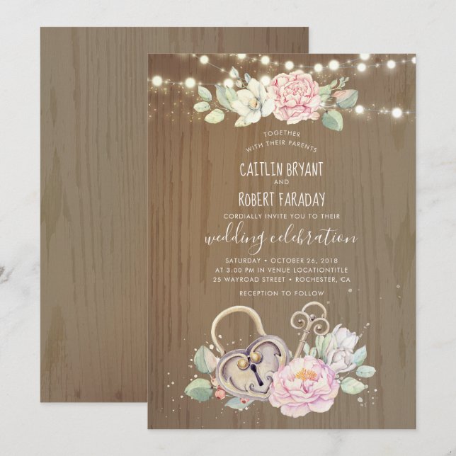 Rustic Vintage Key and Lock Wedding Invitation (Front/Back)