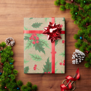 Rustic Vintage Kraft Christmas Holly Red Berries Wrapping Paper