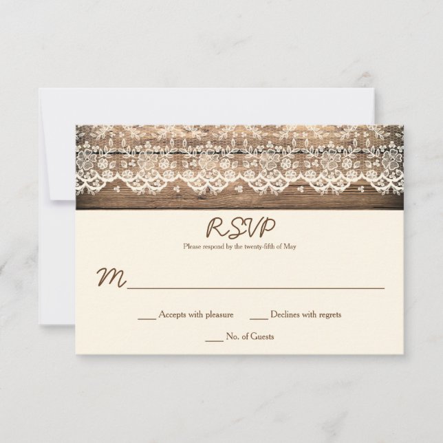 Rustic Vintage Lace Barn Wood RSVPs RSVP Card (Front)