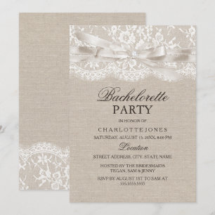 Rustic Vintage Lace Burlap Bachelorette Party Invitation