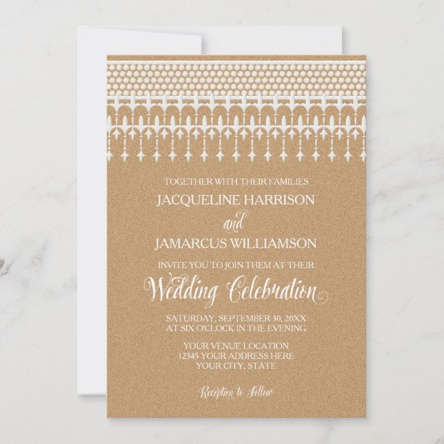 Rustic Vintage Lace Kraft Paper Script Typography Invitation (Front)