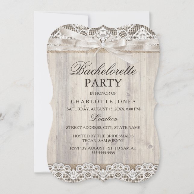 Rustic Vintage Lace & Wood Bachelorette Party Invitation (Front)
