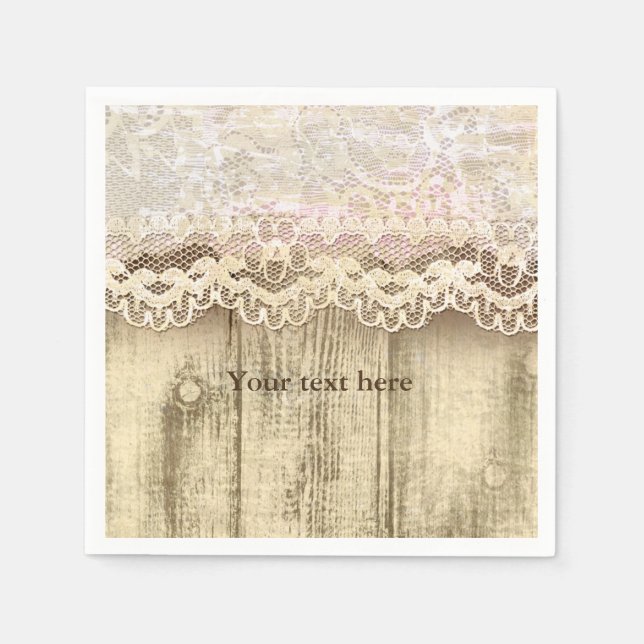 Rustic Vintage Lace Wood Dinner Cocktail Napkins (Front)