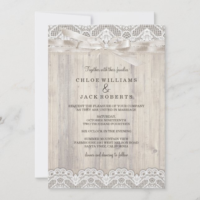 Rustic Vintage Lace & Wood Wedding Invitation (Front)