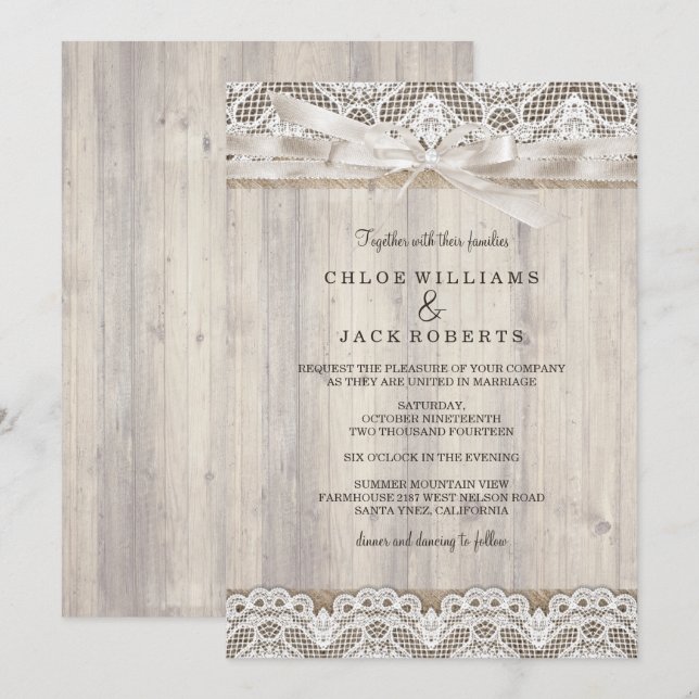 Rustic Vintage Lace & Wood Wedding Invitation (Front/Back)