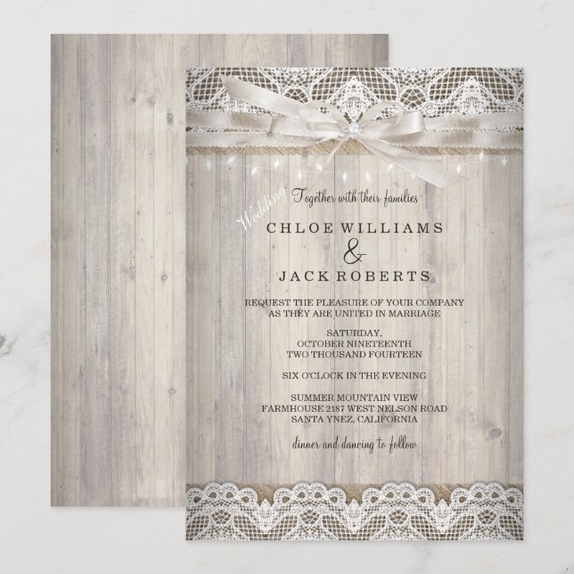 Rustic Vintage Lace Wood Wedding Lights Invitation (Front/Back)