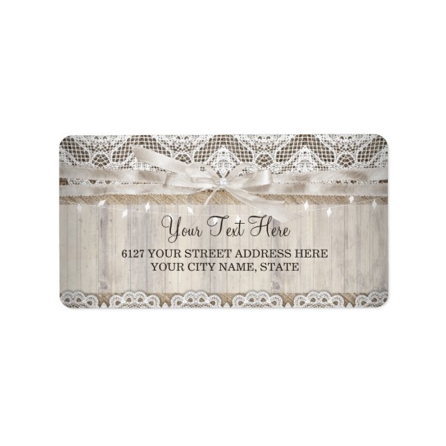 Rustic Vintage Lace Wood Wedding Lights Label (Front)
