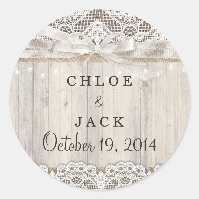 Rustic Vintage Lace Wood Wedding Lights Sticker (Front)
