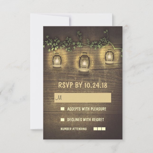 rustic vintage lanterns wooden wedding RSVP cards (Front)