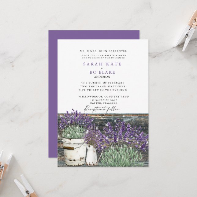 Rustic Vintage Lavender Wood & Lights Wedding Invitation (Front/Back In Situ)