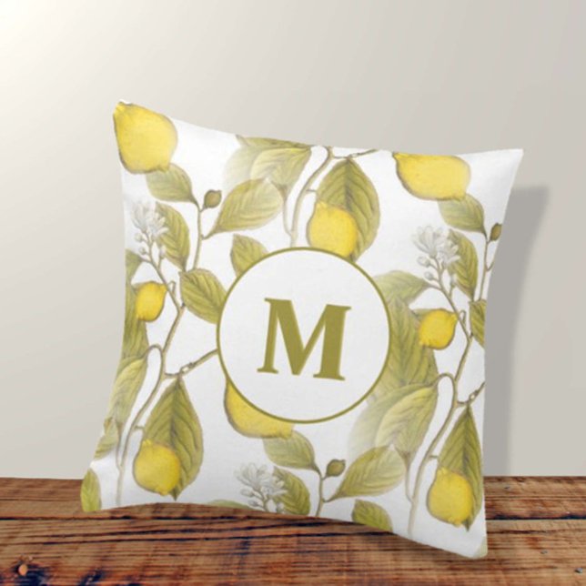 Rustic Vintage Lemon Tree Pattern Monogram Cushion (Creator Uploaded)