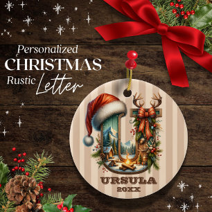 Rustic Vintage Letter U Christmas Personalizable Ceramic Tree Decoration