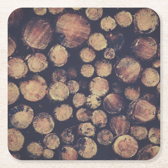 Rustic Vintage Log Pile Square Paper Coaster (Front)