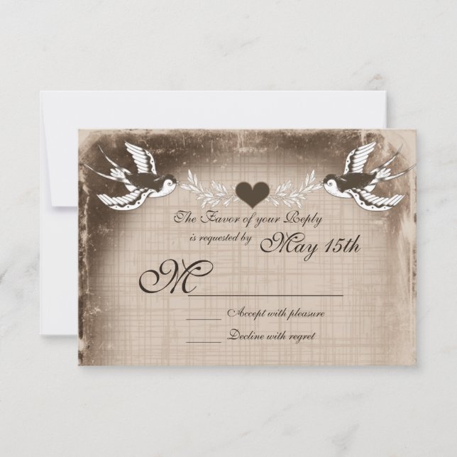 Rustic Vintage Love Birds Wedding RSVP Cards (Front)