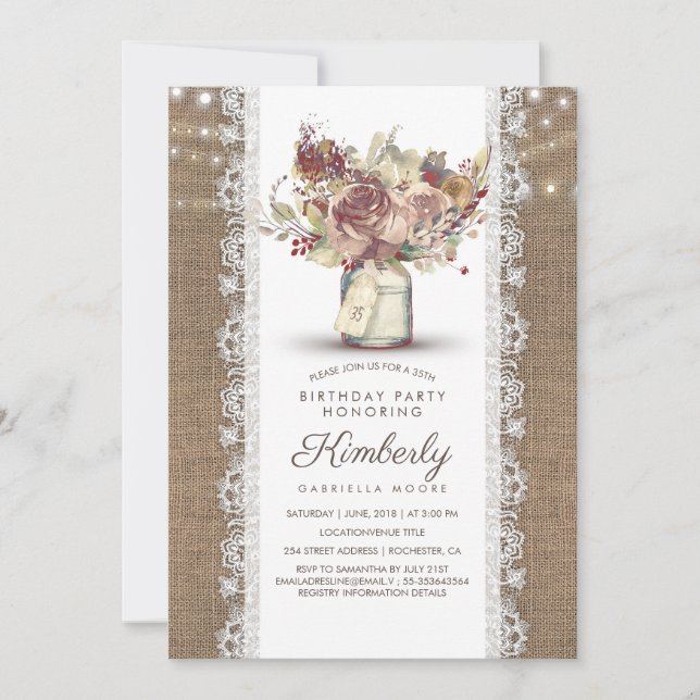 Rustic Vintage Mason Jar Burlap Lace Birthday Invitation (Front)