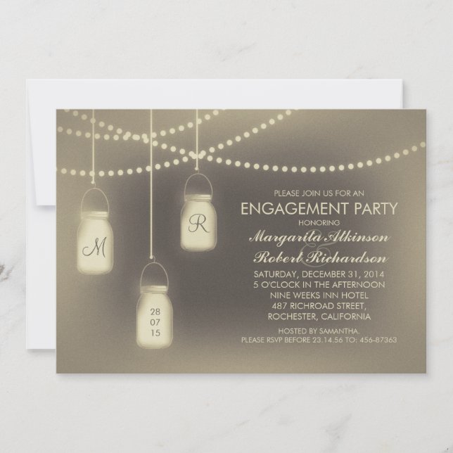 rustic vintage mason jar lights engagement party invitation (Front)