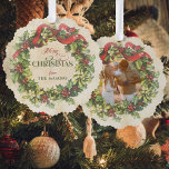 Rustic Vintage Merry Christmas Floral Wreath Photo Tree Decoration Card<br><div class="desc">Lovely nostalgic traditional Christmas design featuring holly and mistletoe wreath with red ribbon on distressed parchment background with custom Merry Christmas typography graphic and two lines of editable text. Back features matching wreath photo template.</div>