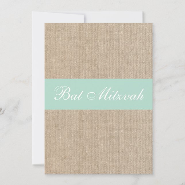 Rustic Vintage Mint Burlap Bat Mitzvah Invitation (Front)