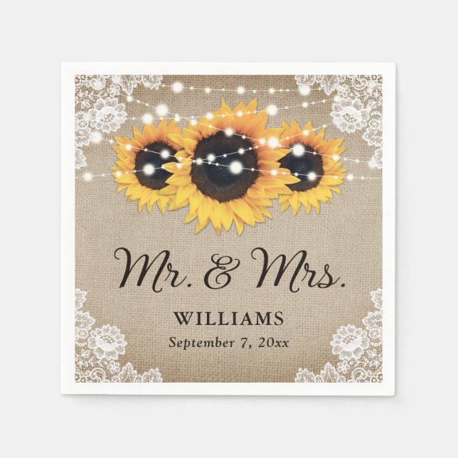 Rustic Vintage Mr and Mrs Sunflower Wedding Napkin (Front)
