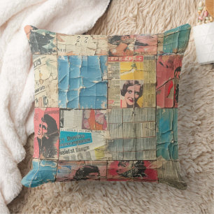 Rustic Vintage Newspaper Patchwork Collage (10) Cushion