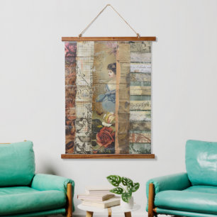 Rustic Vintage Newspaper Patchwork Collage (10) Hanging Tapestry
