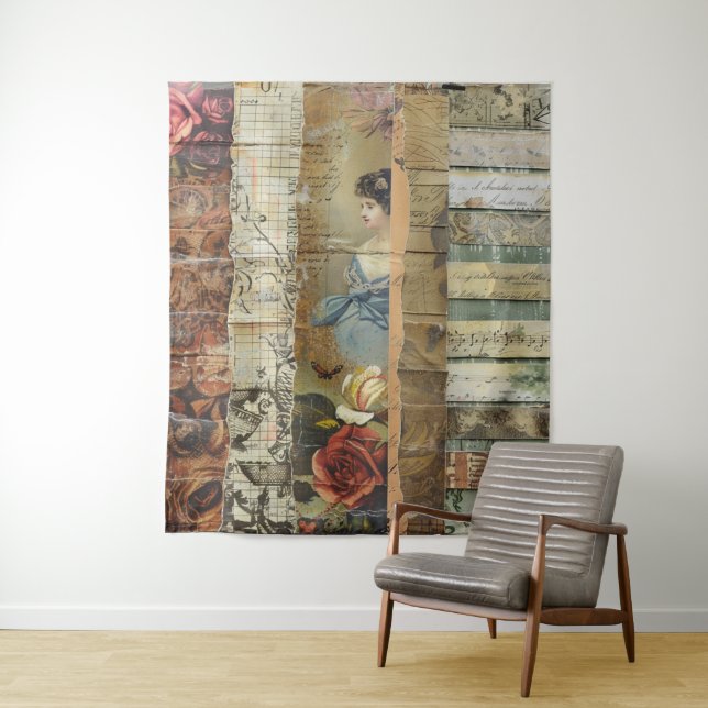 Rustic Vintage Newspaper Patchwork Collage (10) Tapestry (In Situ)