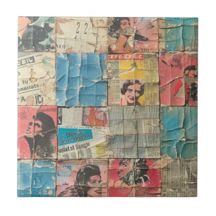 Rustic Vintage Newspaper Patchwork Collage (10) Tile