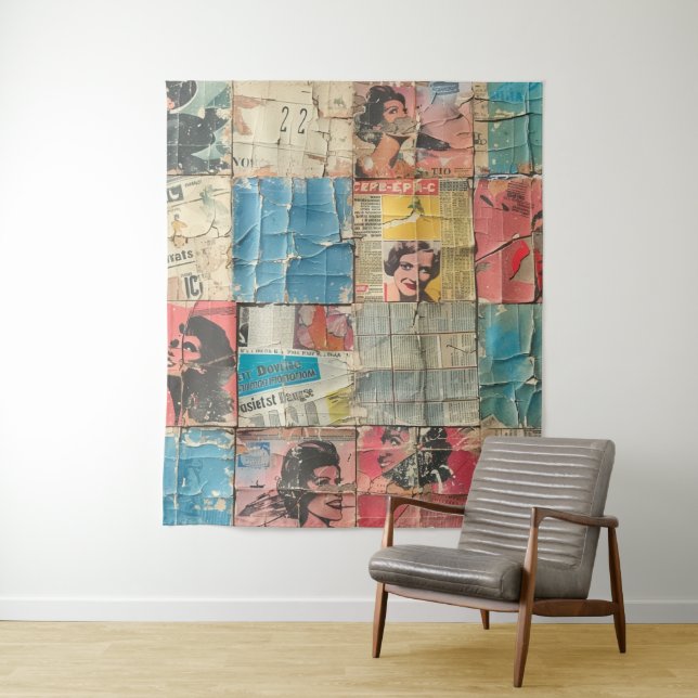 Rustic Vintage Newspaper Patchwork Collage (11) Tapestry (In Situ)