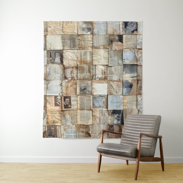 Rustic Vintage Newspaper Patchwork Collage (12) Tapestry (In Situ)