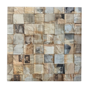 Rustic Vintage Newspaper Patchwork Collage (12) Tile