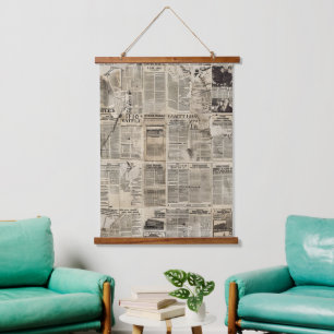Rustic Vintage Newspaper Patchwork Collage (1) Hanging Tapestry