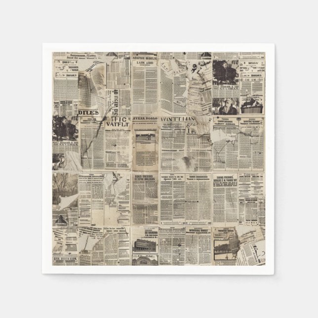 Rustic Vintage Newspaper Patchwork Collage (1) Napkin (Front)